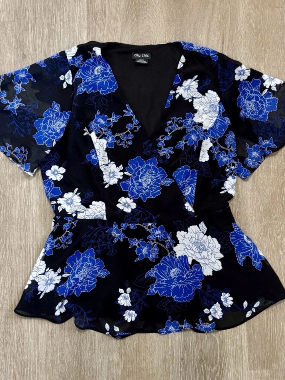 City Chic Black Top with Blue & White Floral Print